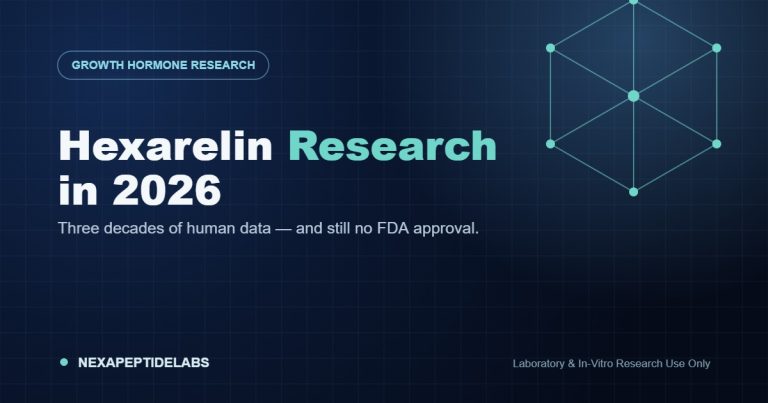 Hexarelin research peptide guide banner with hexagonal molecular graphic, labeled for laboratory and in-vitro research use only